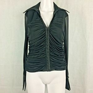 U3 Collection Shirt Womens Sz 8 Black Long Sleeve Chiffon Zip Up V-Neck Top‎